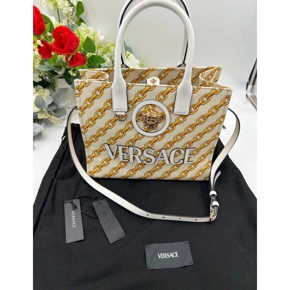 Women's Versace chain stripe la Medusa tote bag with shoulder strap made Italy